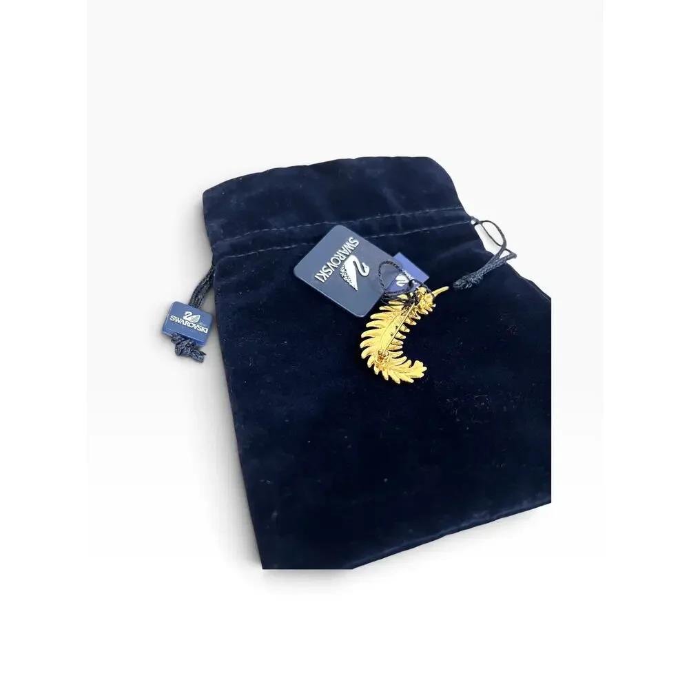 NEW Swarovski Feather Clear Crystal Gold Tone Swan Stamped Elegant Brooch w/ Bag